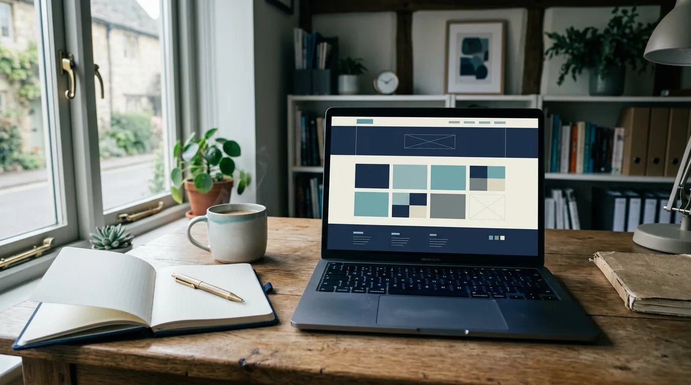 Laptop on a desk in a small business office showing a clean website layout - understanding small business website cost